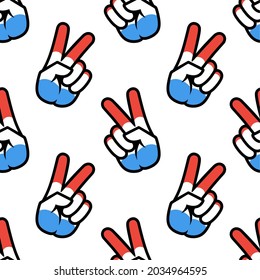Netherlands flag in the form of a peace sign. Seamless background. Gesture V victory sign, patriotic sign, icon for apps, websites, T-shirts, souvenirs, etc., isolated on white background