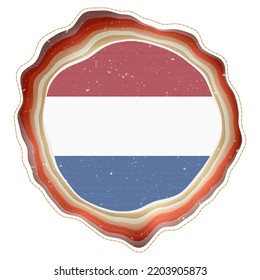 Netherlands flag in frame. Badge of the country. Layered circular sign around Netherlands flag. Artistic vector illustration.