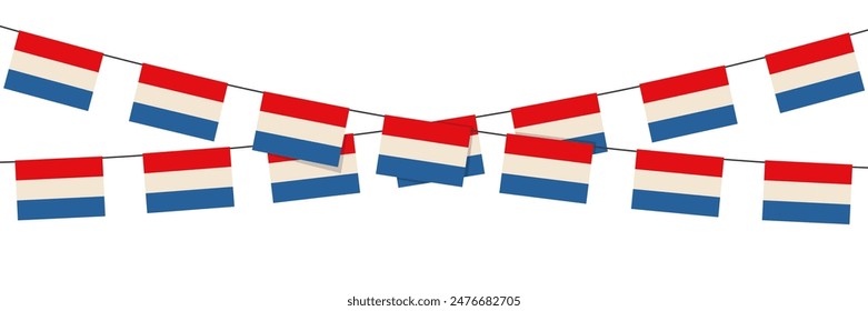 Netherlands flag garland on a rope for party, carnival, festival, celebration. National Holiday of Netherlands, bunting decoration flags, vector illustration.