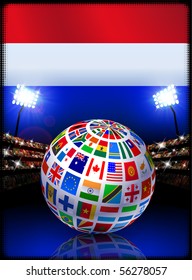 Globe de la bandera de los Países Bajos sobre el fondo del estadio Ilustración original