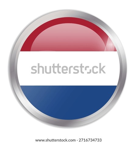 Netherlands flag - glossy circle button in metal frame displays a colorful flag of a country cultural identity and heritage. The essence of national pride and unity.