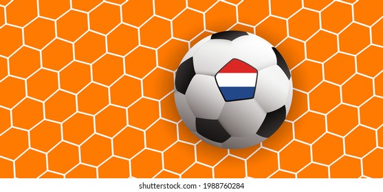 the Netherlands flag. Goal net texture for ball in goal. Soccer ball or football net pattern. Vector orange background banner. Sport finale game. Holland, dutch  supporters 2022, 2023, 202, 