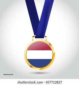 Netherlands  Flag in gold Medal. Vector Illustration. RIO Olympic Game gold Medal. Vector Illustration