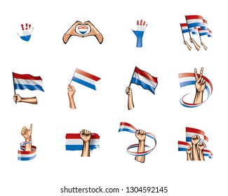Netherlands flag and hand on white background. Vector illustration