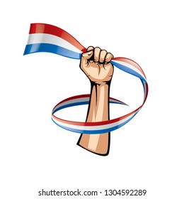 Netherlands flag and hand on white background. Vector illustration