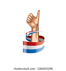 Netherlands flag and hand on white background. Vector illustration
