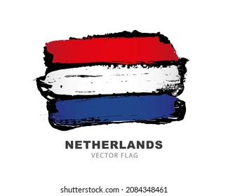 Netherlands flag. Hand-drawn colored brush strokes. Vector illustration isolated on white background. Dutch flag colorful logo.
