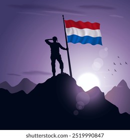 Netherlands Flag hoisted on a mountain peak with a purplish sunset in the background, vector illustration