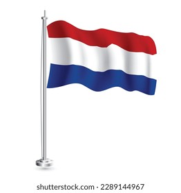 Netherlands Flag. Isolated Realistic Wave Flag of Netherlands Country on Flagpole. Vector Illustration.