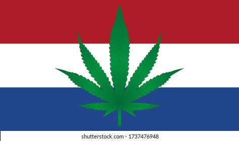 Netherlands flag isolated vector illustration with real proportions and colors. Green weed leaf is to represent legal cbd and cannabis agriculture industry and policy in Holland