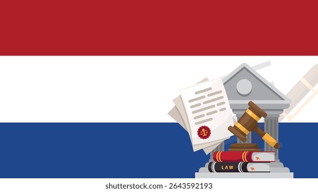 Netherlands flag with justice vector silhouette, judge gavel hammer and scales of justice and handcuff silhouette on country flag, Netherlands law concept, design asset, freedom idea