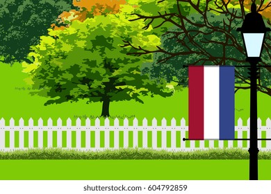 Netherlands Flag, Landscape of Park, Trees, Fence wooden and Street light Vector Illustration 