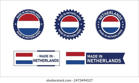 Bandera de los Países Bajos, Made in Netherlands. Etiqueta, Sello, Estampilla, Bandera, Icono Vector