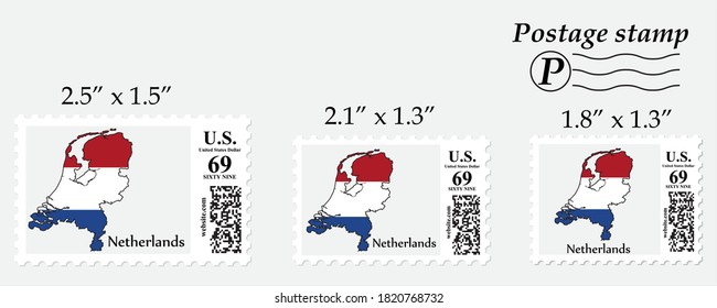 Netherlands flag map on postage stamp different size.