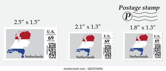 Netherlands flag map on postage stamp different size.