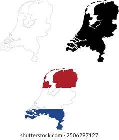 Mapa de la bandera de los Países Bajos sobre fondo blanco. Mapa esquemático de Países Bajos. Silueta del mapa del Vector de los Países Bajos. estilo plano.