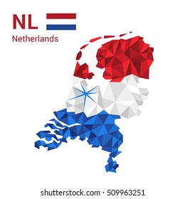 Netherlands flag map in polygonal geometric style.
Vector illustration of Netherlands, Holland map in geometric polygonal style, with Amsterdam marked with a star.