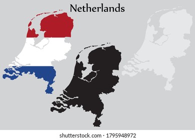Bandera y mapa de los Países Bajos dan forma a color negro y gris. EPS.file.