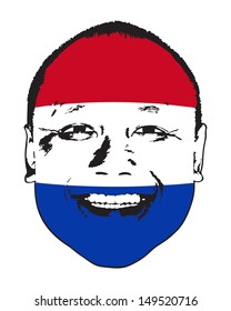 A Netherlands flag on a face, isolated against white. 