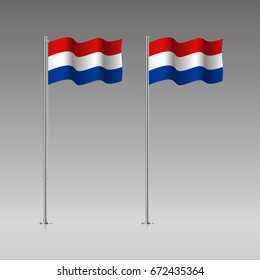 Netherlands flag on the flagpole. Official colors and proportion correctly. High detailed vector illustration. 3d and isometry. EPS10