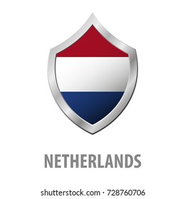 Netherlands flag on metal shiny shield vector illustration