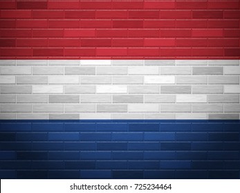 Netherlands flag on textured brick wall.