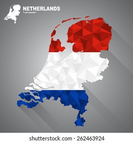 Netherlands  flag overlay on Netherlands  map with polygonal and long tail shadow style (EPS10 art vector)