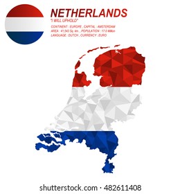 Netherlands flag overlay on Netherlands map with polygonal style.(EPS10 art vector)