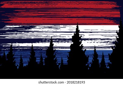 Niederländische Flagge mit Pinselstrich am Nachthimmel auf Waldhintergrund, Symbole der Niederlande, Vorlage für Banner, Karte, Werbung, Magazin, Vektorgrafik, Top-Goldenen Medaillensportwinner Land 