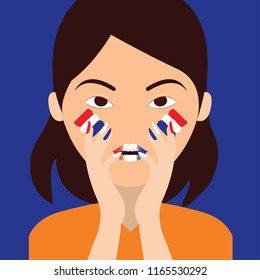 Netherlands flag painted on supporter face for soccer or football. vector illustration
