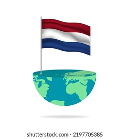 Poste de la bandera de los Países Bajos en el globo. Bandera ondeando alrededor del mundo. Fácil edición y vector en grupos. Ilustración vectorial de bandera nacional sobre fondo blanco.