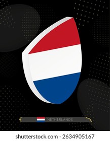 Netherlands Flag Shield icon in 3D on Dark Modern Abstract Rugby Background. Perfect for sports events, heritage themes, national celebrations, and patriotic designs.