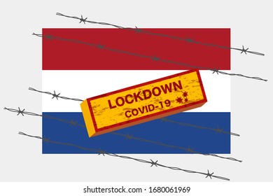 Niederländische Flagge mit Schild-Sperrwarnung-Sicherheit aufgrund von Coronavirus-Krise covid-19-Krankheit Design mit mit Barbe verkabelte isolierte Vektorillustration