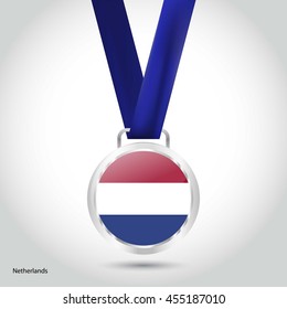 Netherlands  Flag in Silver Medal. Vector Illustration. RIO Olympic Game silver Medal. Vector Illustration