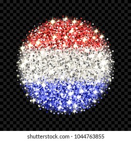 Netherlands flag sparkling badge. Round icon with Holland national colors with glitter effect. Button design. Vector illustration. One of a series of signs