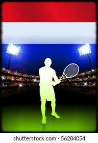 Netherlands Flag and Tennis Player on Stadium Background Original Illustration