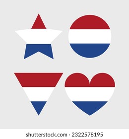 Die niederländischen Flagge Vektorsymbole in Form von Herz, Stern, Kreis und Karte. Niederländische Flaggen-Illustration in verschiedenen geometrischen Formen.
