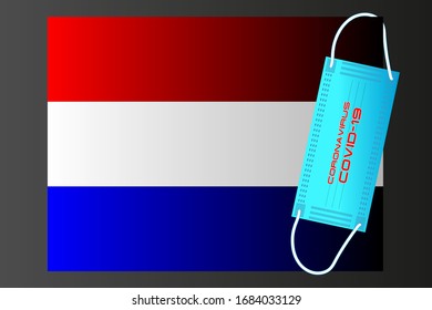 Indicador neerlandés con ilustración vectorial de máscara desechable e inscripción Covid-19