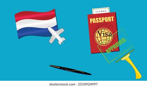 Netherlands flag with white plane icon. Passport with visa approved stamp. Black stylish Pen. Netherlands Travel poster. Editable vector EPS available