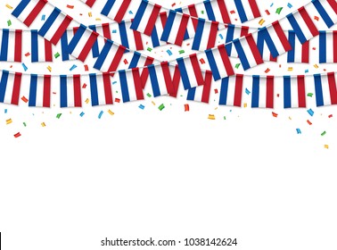 Netherlands flags garland white background with confetti, Hang bunting for independence Day celebration template banner, Vector illustration