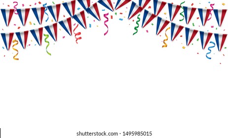 Banderas de los Países Bajos cultivan fondo blanco con confetti, bandejas de colgaduras para la celebración del Día de la Independencia banner de la plantilla, ilustración vectorial