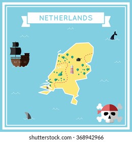 Netherlands flat treasure map. Colorful cartoon treasure map of Netherlands with flat icons of pirate ship, jolly roger, treasure chest and banner ribbon. Flat design vector illustration.