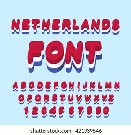 Netherlands font. Dutch flag onletters. National Patriotic alphabet. 3d letter. State color symbolism European state
