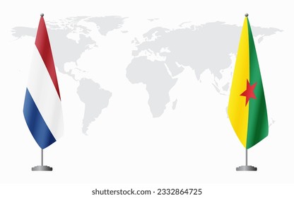 Netherlands and French Guiana flags for official meeting against background of world map.