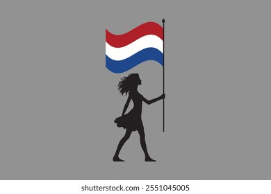 Niña de los Países Bajos con la bandera, Vector de la ilustración del símbolo nacional de la bandera de los Países Bajos, ilustración de la bandera de los Países Bajos, Ilustración vectorial plana
