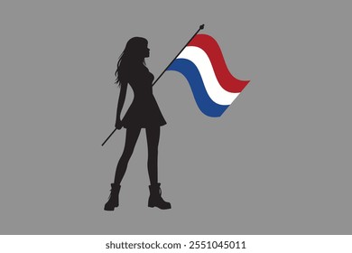 Niña de los Países Bajos con la bandera, Vector de la ilustración del símbolo nacional de la bandera de los Países Bajos, ilustración de la bandera de los Países Bajos, Ilustración vectorial plana
