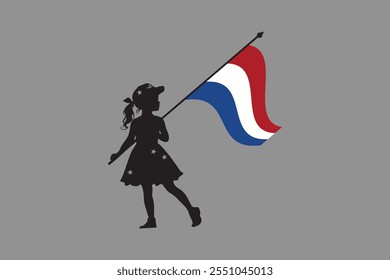 Niña de los Países Bajos con la bandera, Vector de la ilustración del símbolo nacional de la bandera de los Países Bajos, ilustración de la bandera de los Países Bajos, Ilustración vectorial plana
