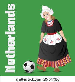 Netherlands as a girl in traditional dutch folk costume with soccer ball