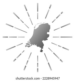 Netherlands gradiented sunburst. Map of the country with colorful star rays. Netherlands illustration in digital, technology, internet, network style. Vector illustration.