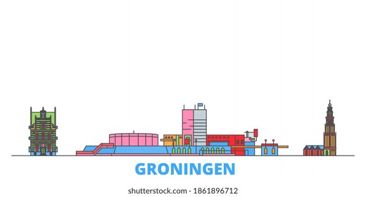 Netherlands, Groningen line cityscape, flat vector. Travel city landmark, oultine illustration, line world icons